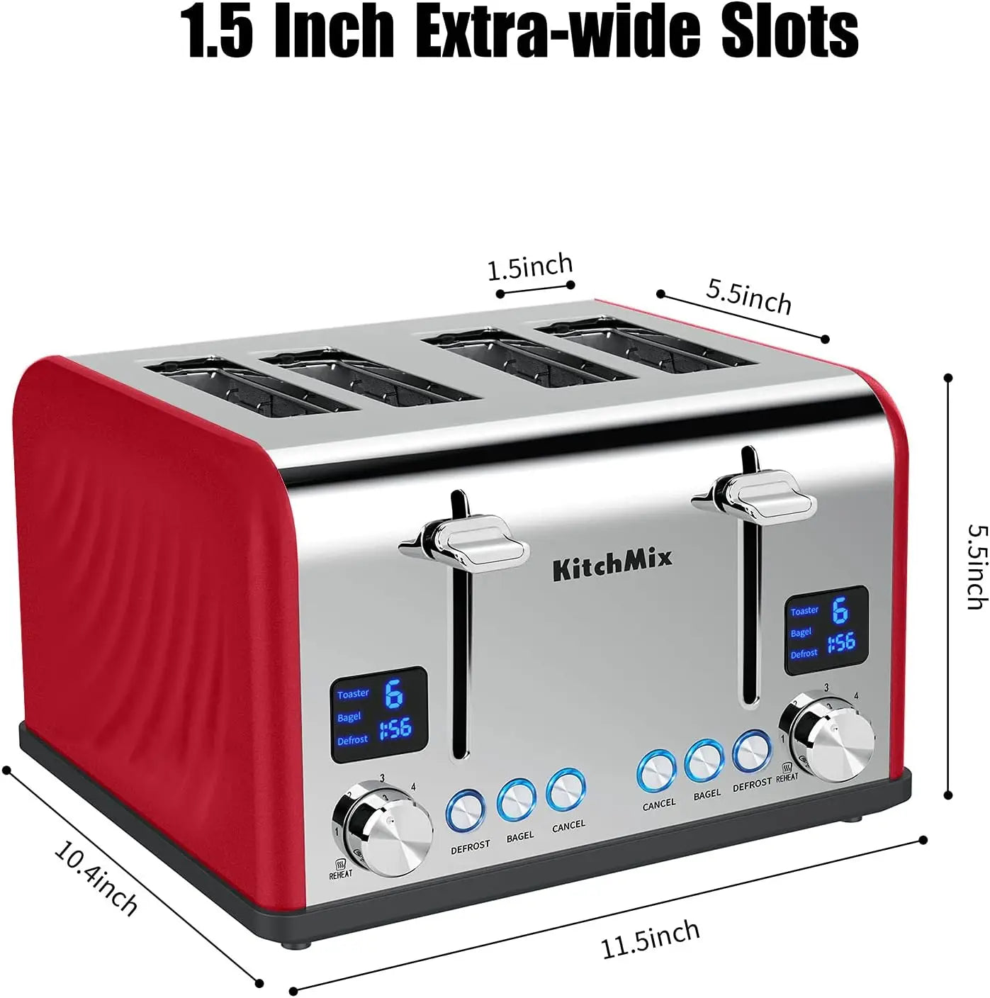 4 Slice, Kitch Mix Stainless Toaster w/ LCD Timer, Extra Wide Slots, Dual Screen, Removal Tray (Red)