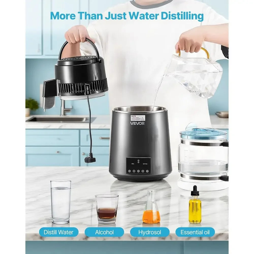 1.1 Gallon Glass Countertop Water Distiller, 1750W, 0.4 Gallons/Hour, 4L Capacity, Timer & Temp Display