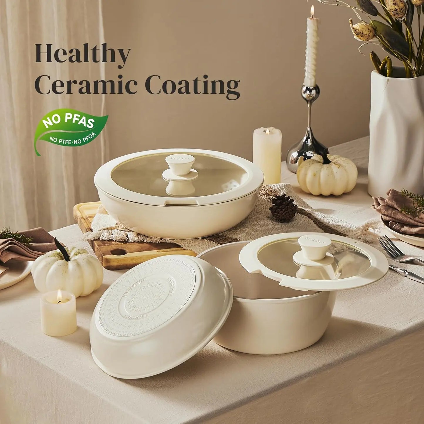 Nonstick Ceramic Cookware Set with Detachable Handle, 16-Piece Oven Safe Pots and Pans