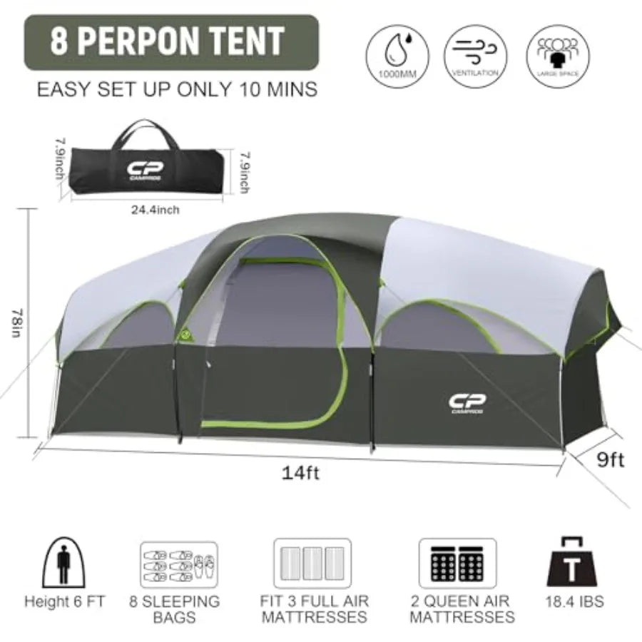 8 Person Weather Resistant Camping Tent for Family Outdoor Adventures Features 5 Large Mesh Windows