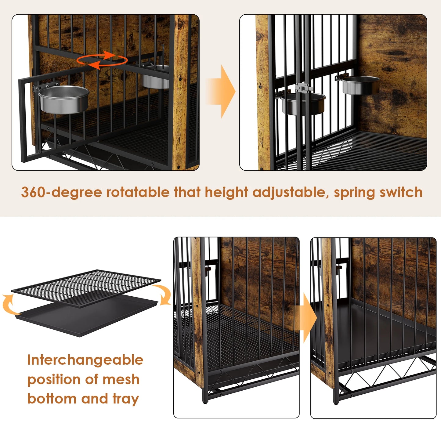 AOOU Furniture Style Dog Crate w/2 Bowls, Wooden End Table, Adjustable Feeder, Removable Tray