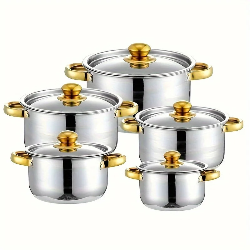 5-Piece Golden Stainless Steel Cookware Set - Durable, Multi-Purpose, Easy to Clean, Non-Stick
