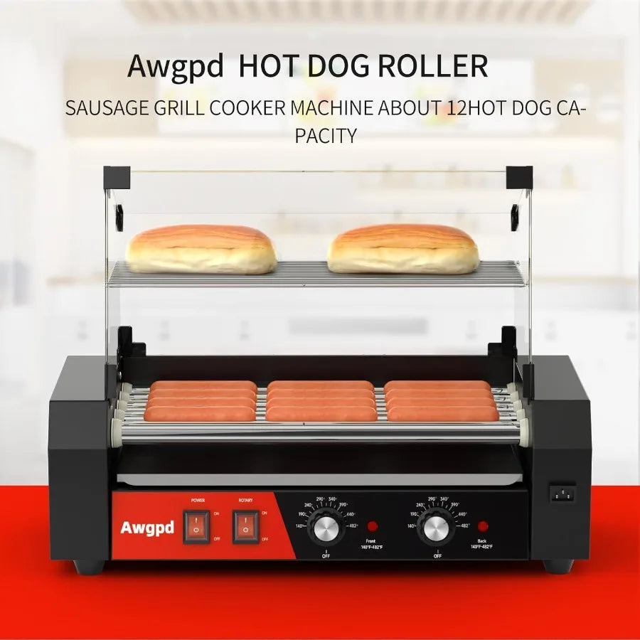 Hot Dog Roller Machine 12 Hot Dog and 5 Non-Stick with Glass Cover Drip Tray