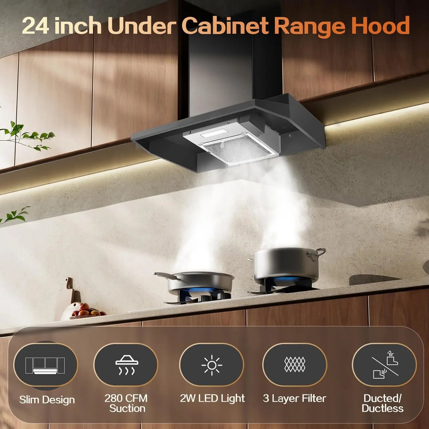 24 inch Under Cabinet 280CFM Black Ducted/Ductless Kitchen Stove Vent with 2 Speed Fan LED Bulb