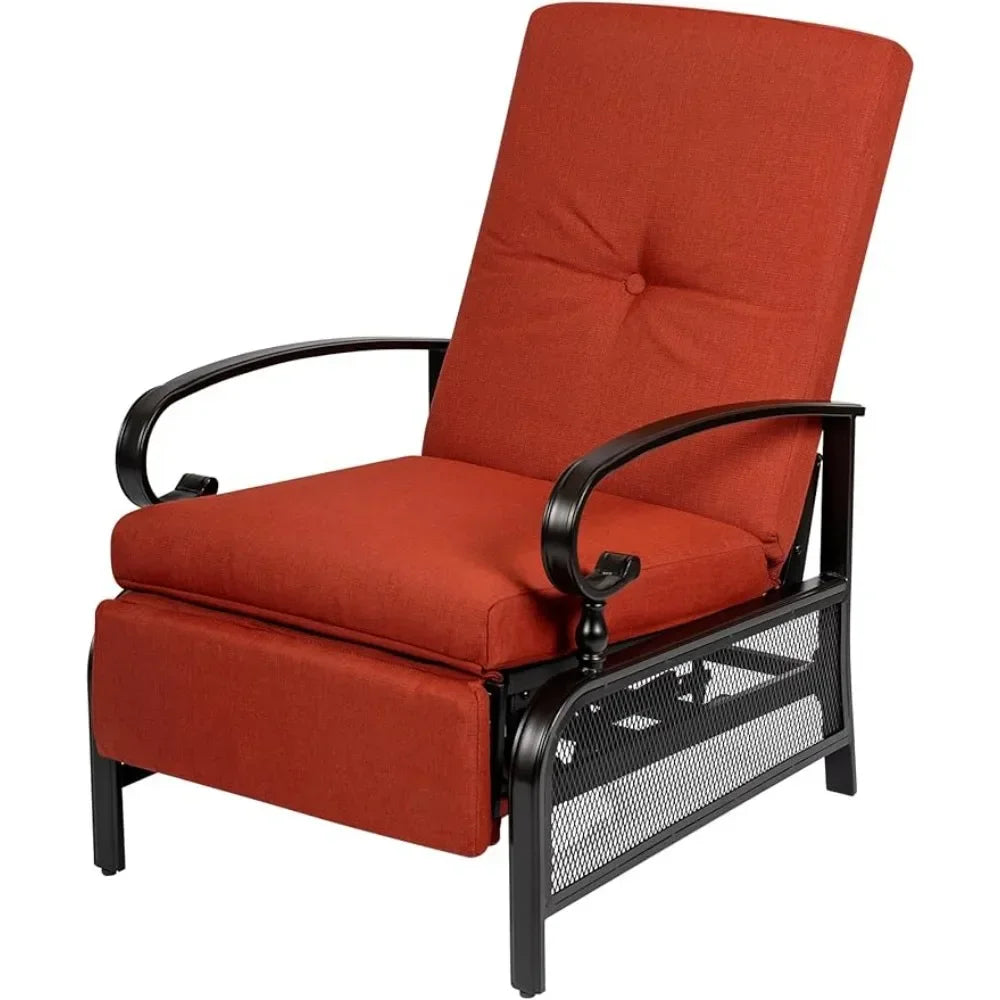 Adjustable Outdoor Lounge Chair Metal Patio Relaxing Recliner Chair With Removable Cushions(Red)