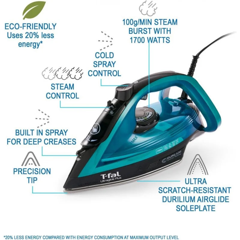 T-Fal Ultraglide Steam Iron, Durilium Soleplate, Precision Tip, Anti-Drip,1800 Watts, Ironing, Teal