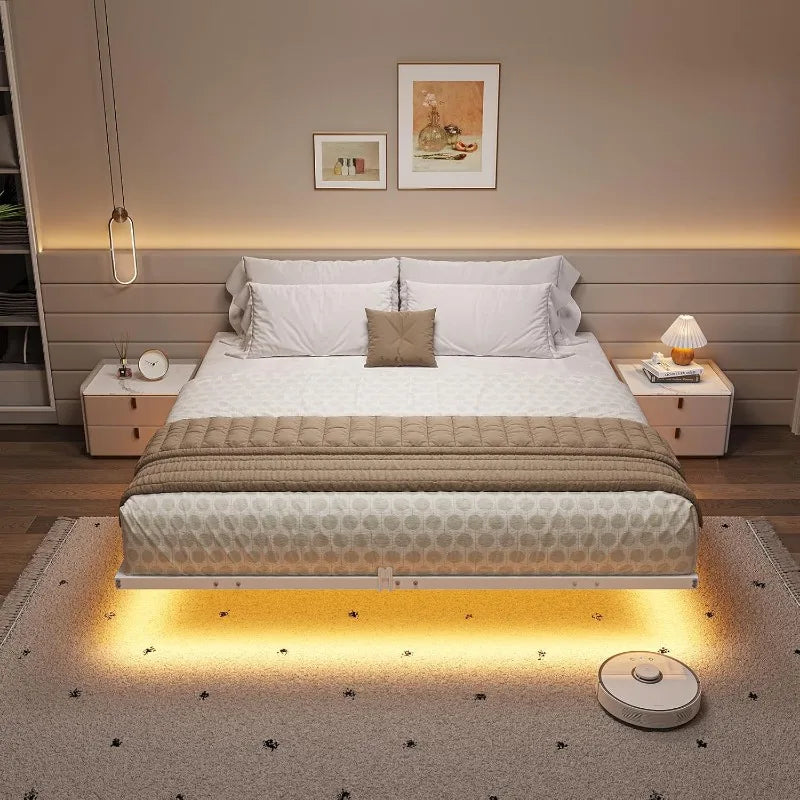 Floating Bed Frame with LED Lights, Metal Platform Full Bed, No Box Spring Needed