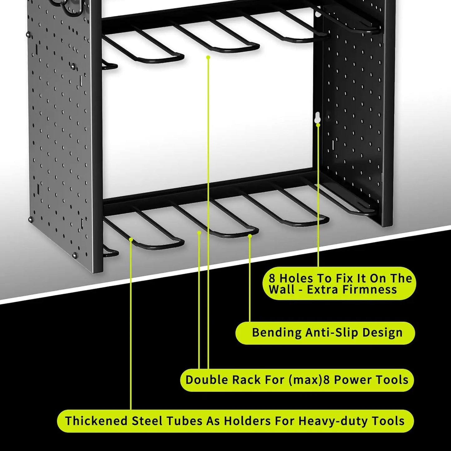 Power Tool Organizer Large 8 Drill Holder Wall Mount/2 Side Pegboards 5 Layer Metal Tool 12 Hooks