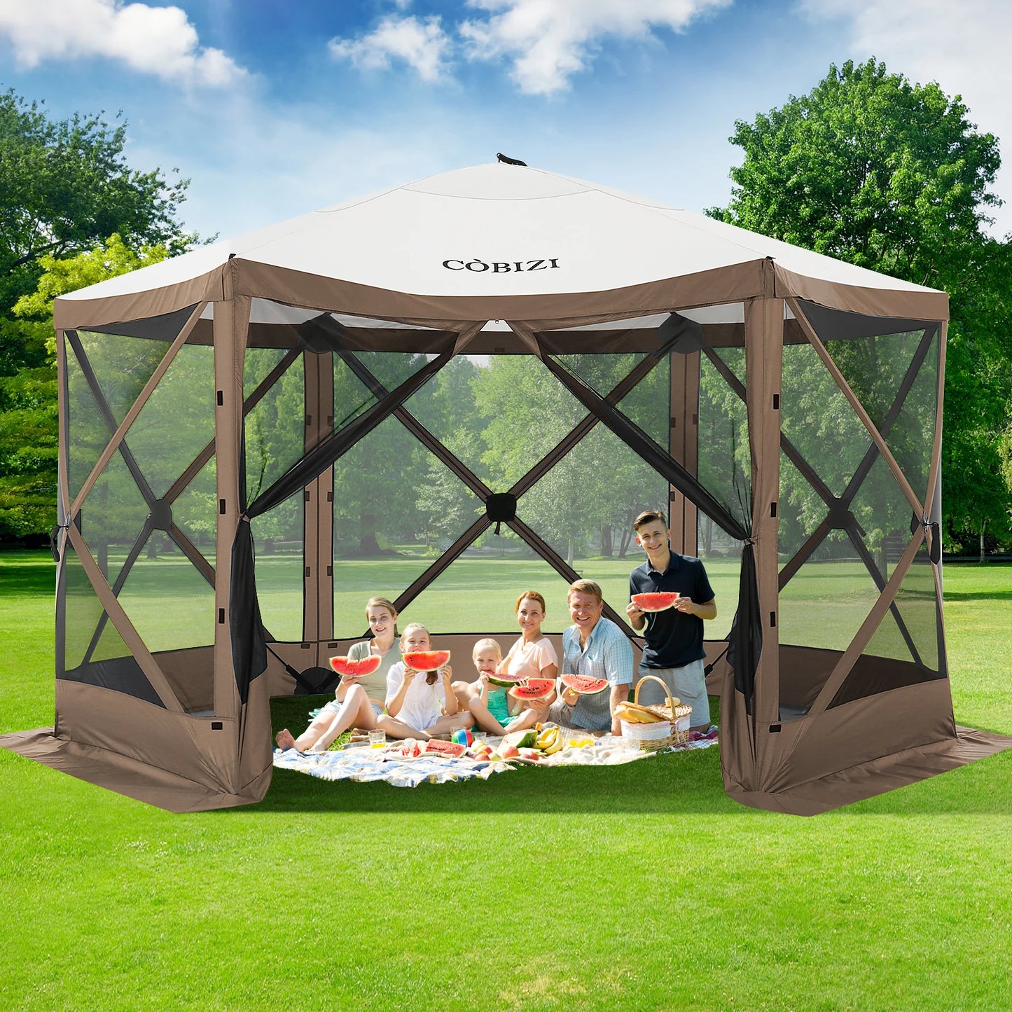 12x12ft Pop up Gazebo Screen House Tent with Mosquito Netting, 6 Sided Pop-up Canopy Easy-Set BROWN