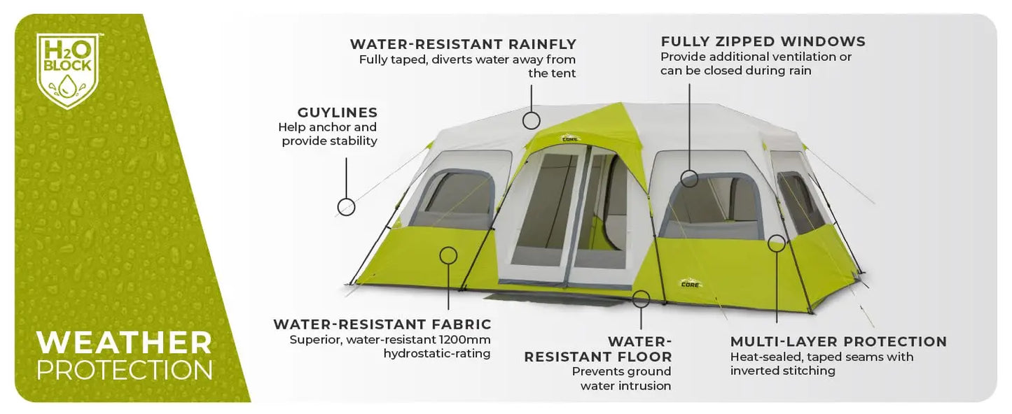 CORE 12-person instant cabin tent with 3 rooms and storage pockets, portable and sets up in 2 min