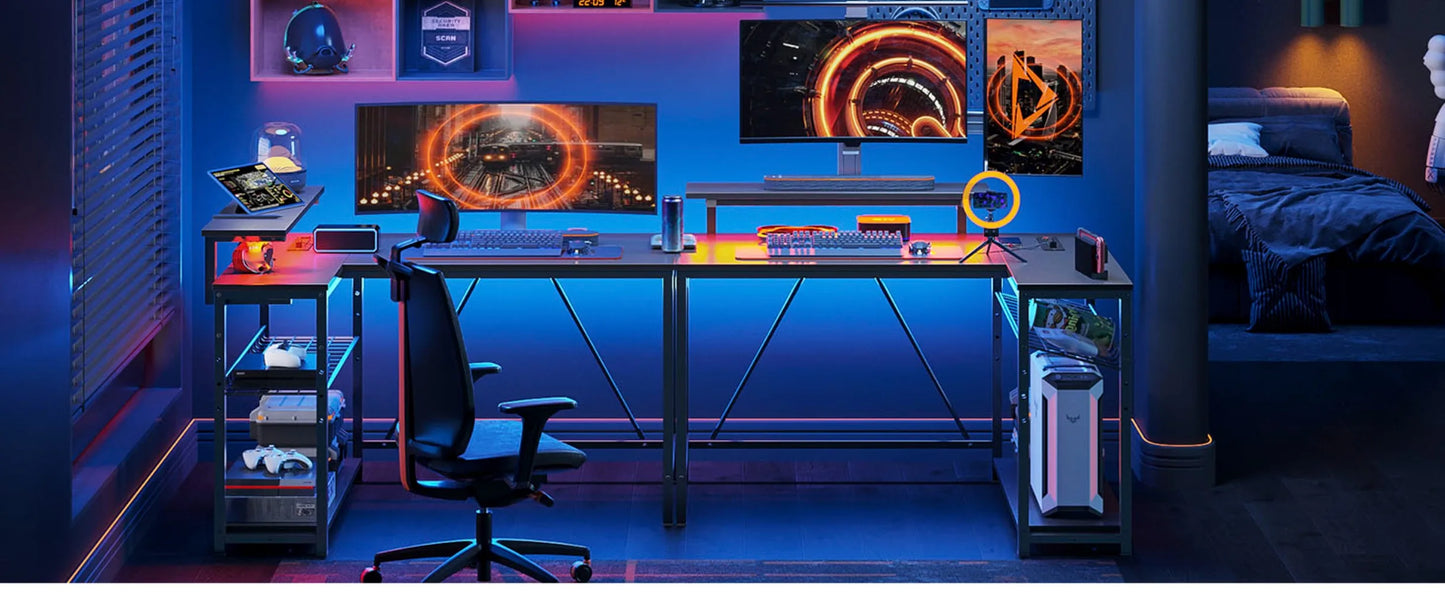 Bestier Small Gaming Desk w/Power Outlets,42 L Shaped LED Computer Desk w/Stand Reversible Shelves