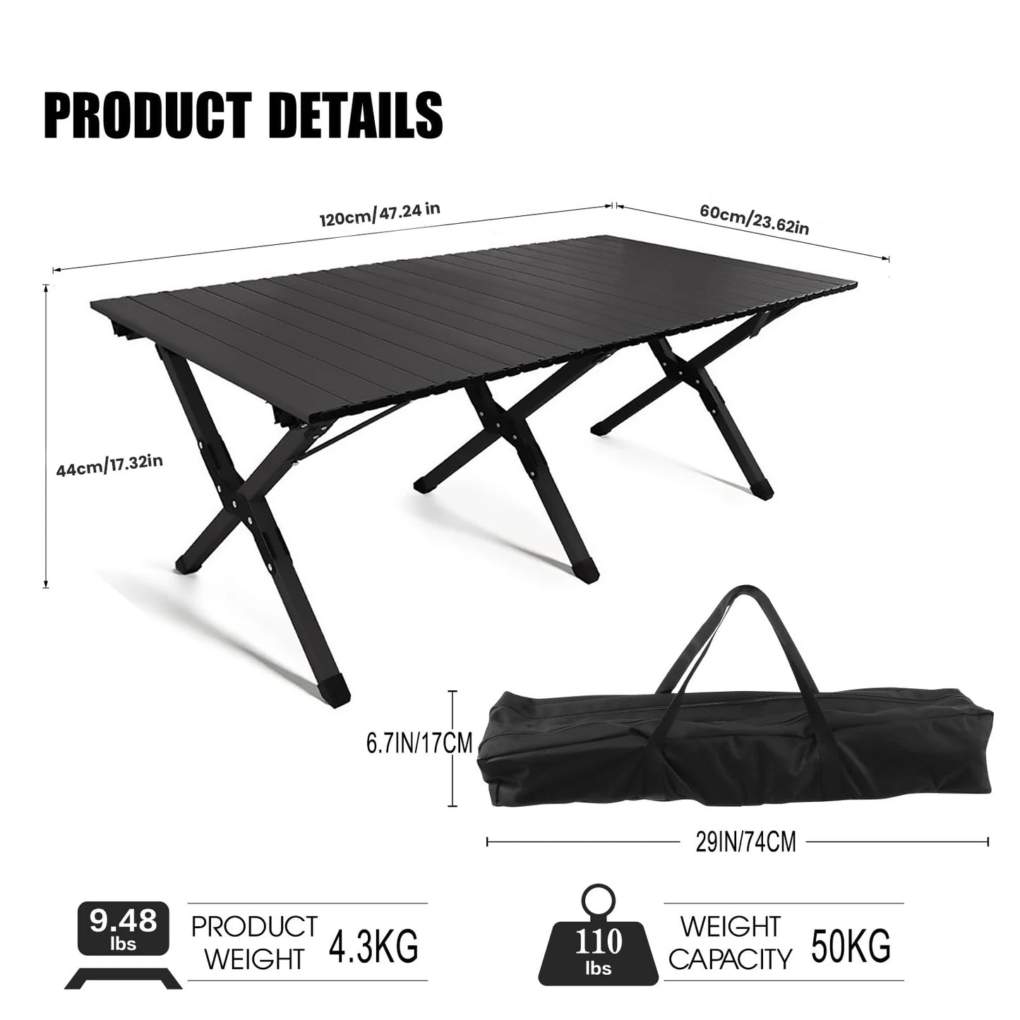 Large Folding Picnic Table Portable Lightweight Roll Up Carbon Steel Camping Table with Carrying Bag