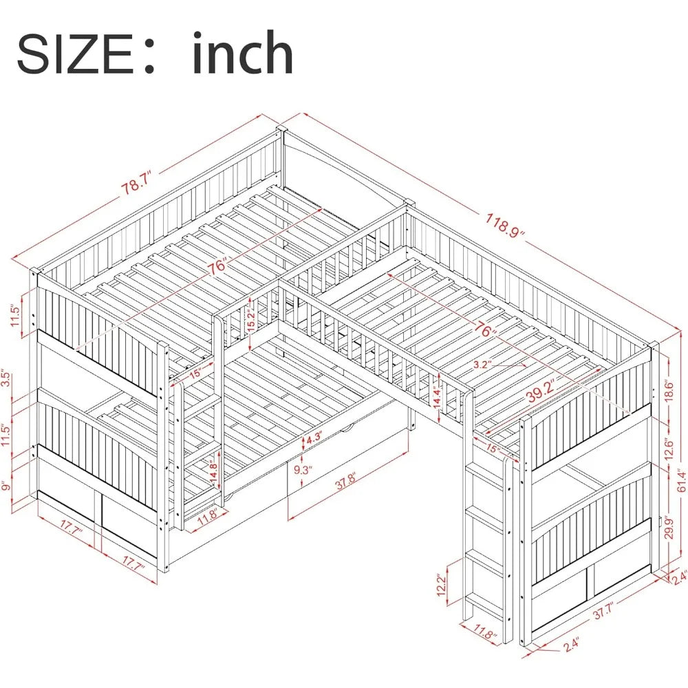 Size Bunk Bed/Loft Bed w/2 Drawers, L-Shaped Corner Triple Bunk Bed, Twin-Over-Twin Bunkbeds' (Grey)