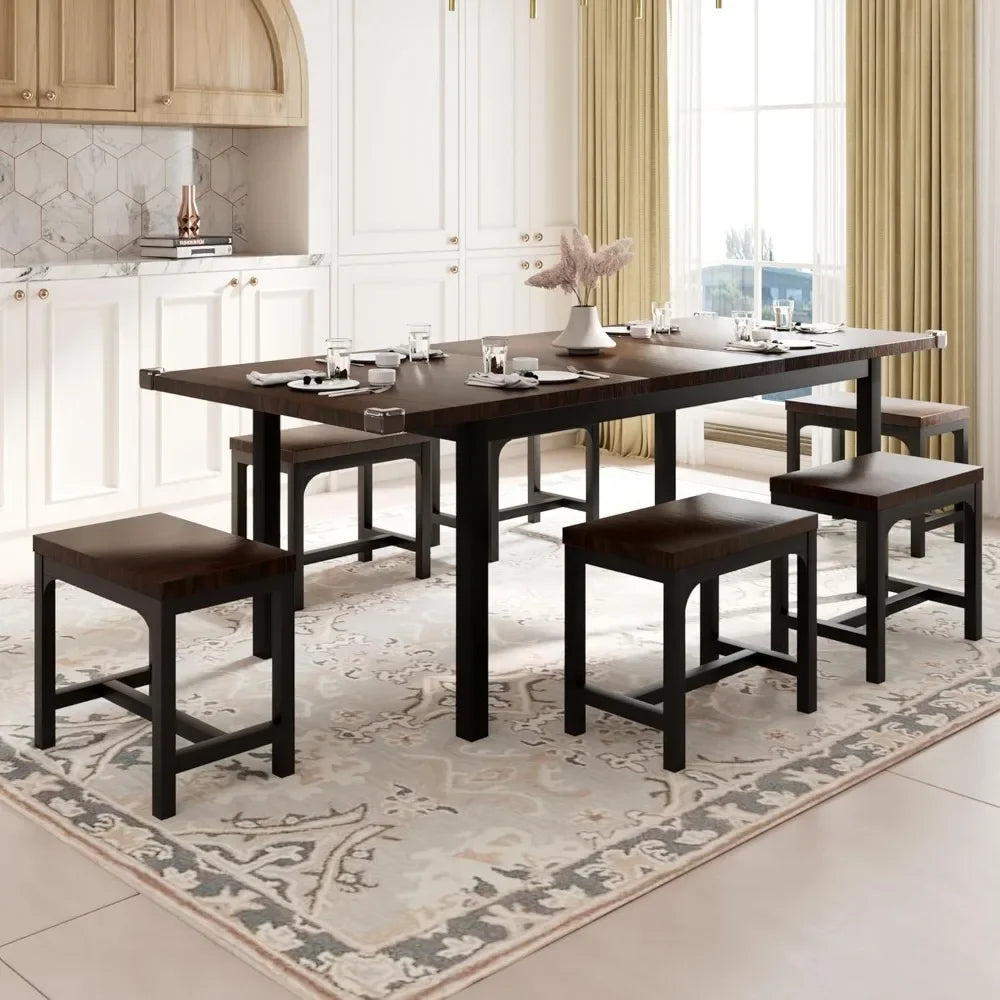 Dining Table Set with Stools,  Large Extendable Kitchen Table, Mid-Century Dining Room Table