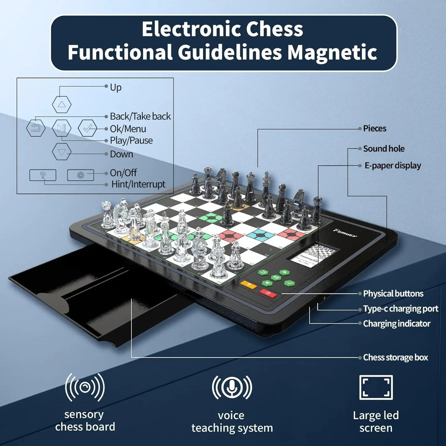 Set, Chess Set Board Game, Computer Chess Game, Electronic Chess Game, LEDs,Built-in Battery