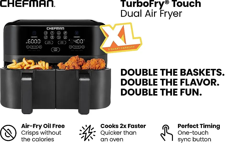 Chefman Maximize The Healthiest Meals W/ Double Basket Capacity Air Fryer Oil Free Fryers