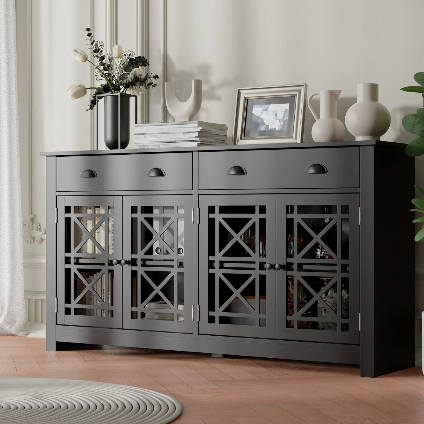 Modern Buffet Cabinet w/Drawers, Wood Sideboard Buffet Cabinet w/4 Acrylic Glass Doors