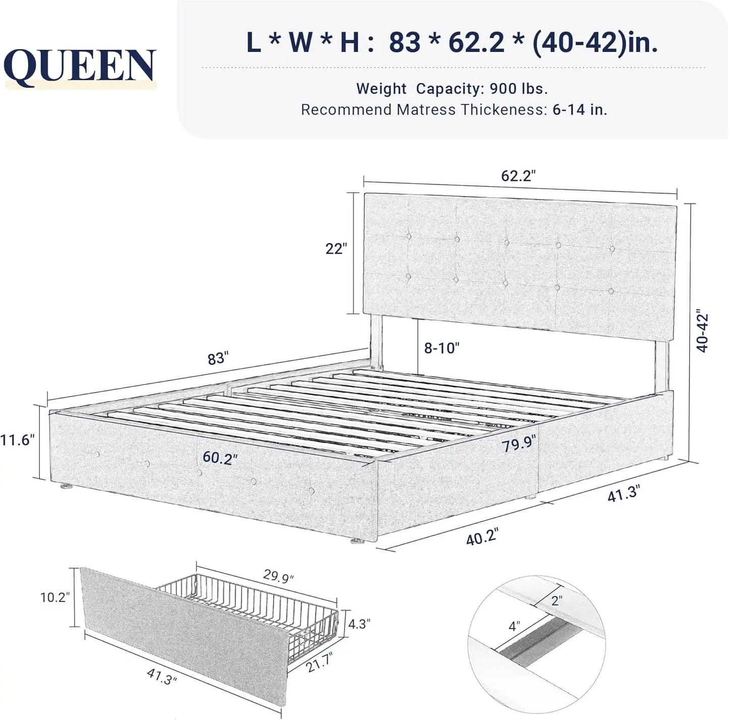 Upholstered Queen Size Platform Bed Frame w/Drawers & Headboard/Square Stitched Button Tufted