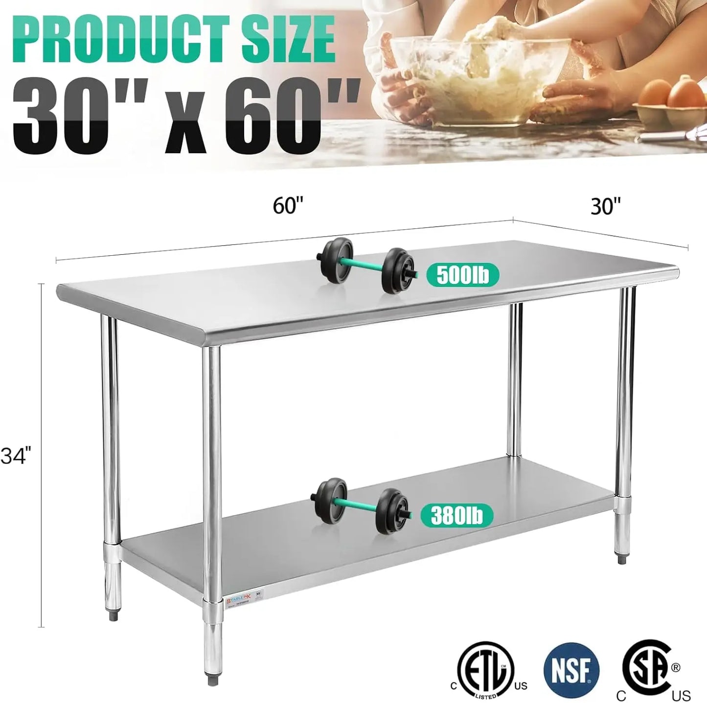 NSF Stainless Steel Table, 30 x 60 Inches Metal Prep & Work Table with Adjustable Undershelf