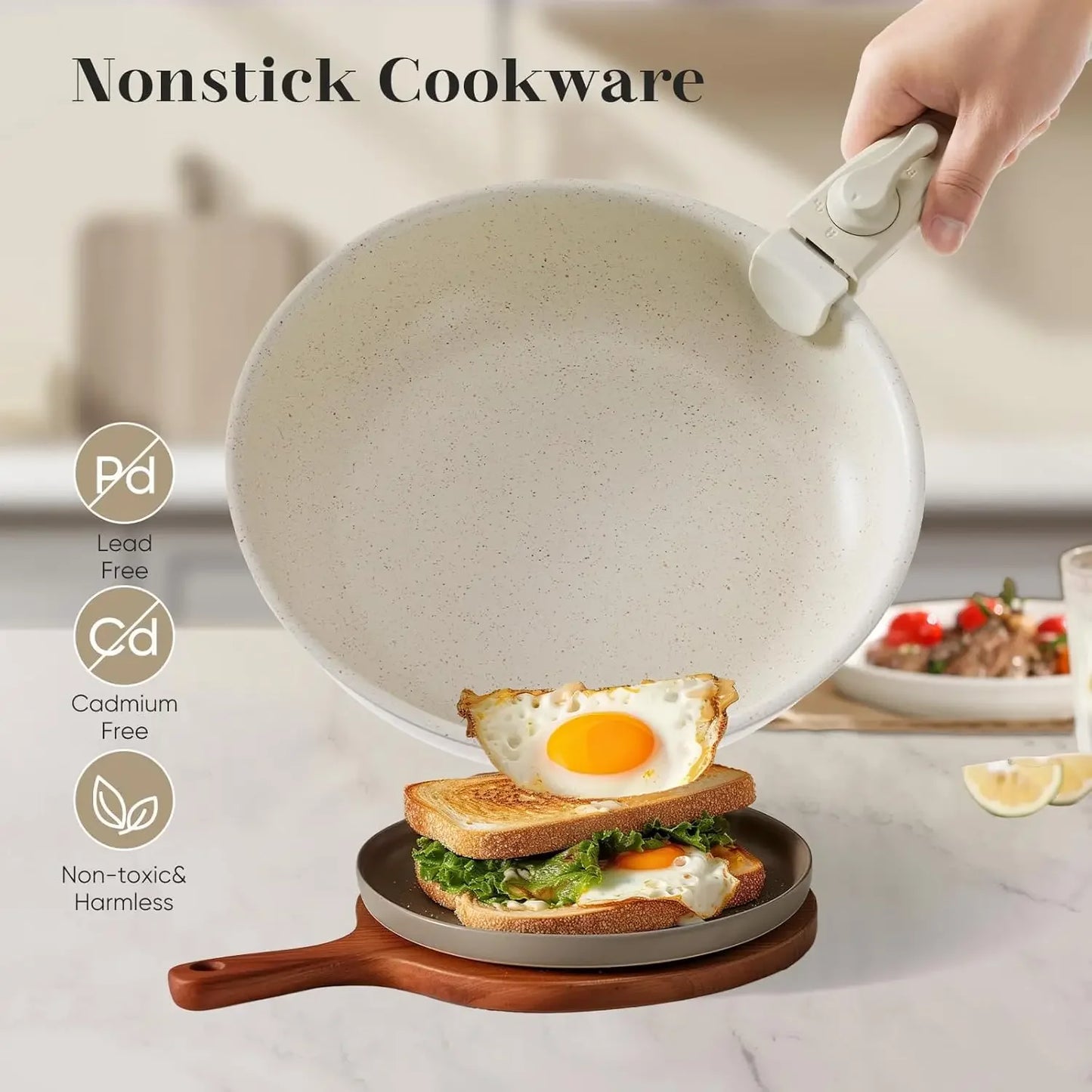 12pcs Pots and Pans Set - Nonstick Cookware Sets with Detachable Handle - Beige