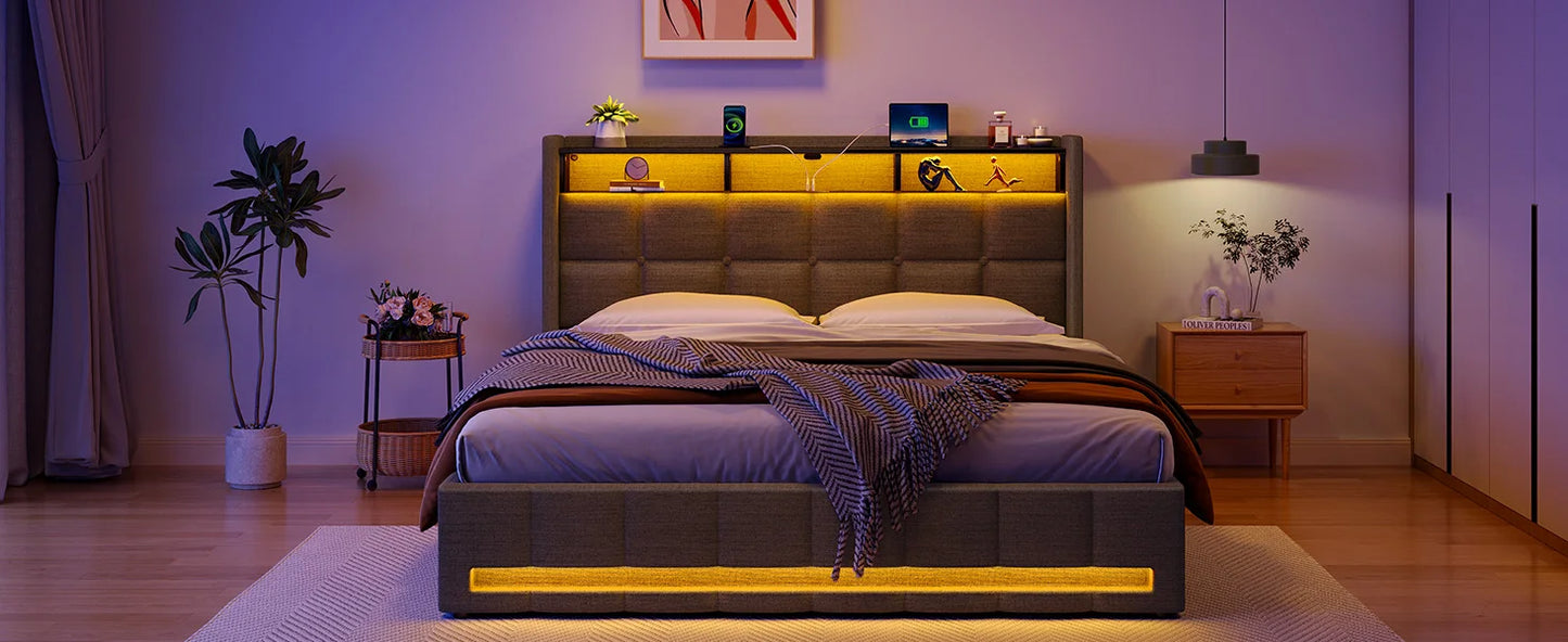 Rolanstar Bed Frame Queen Size, Lift Up Storage, Charging Station, LED Lights, Upholstered Headboard