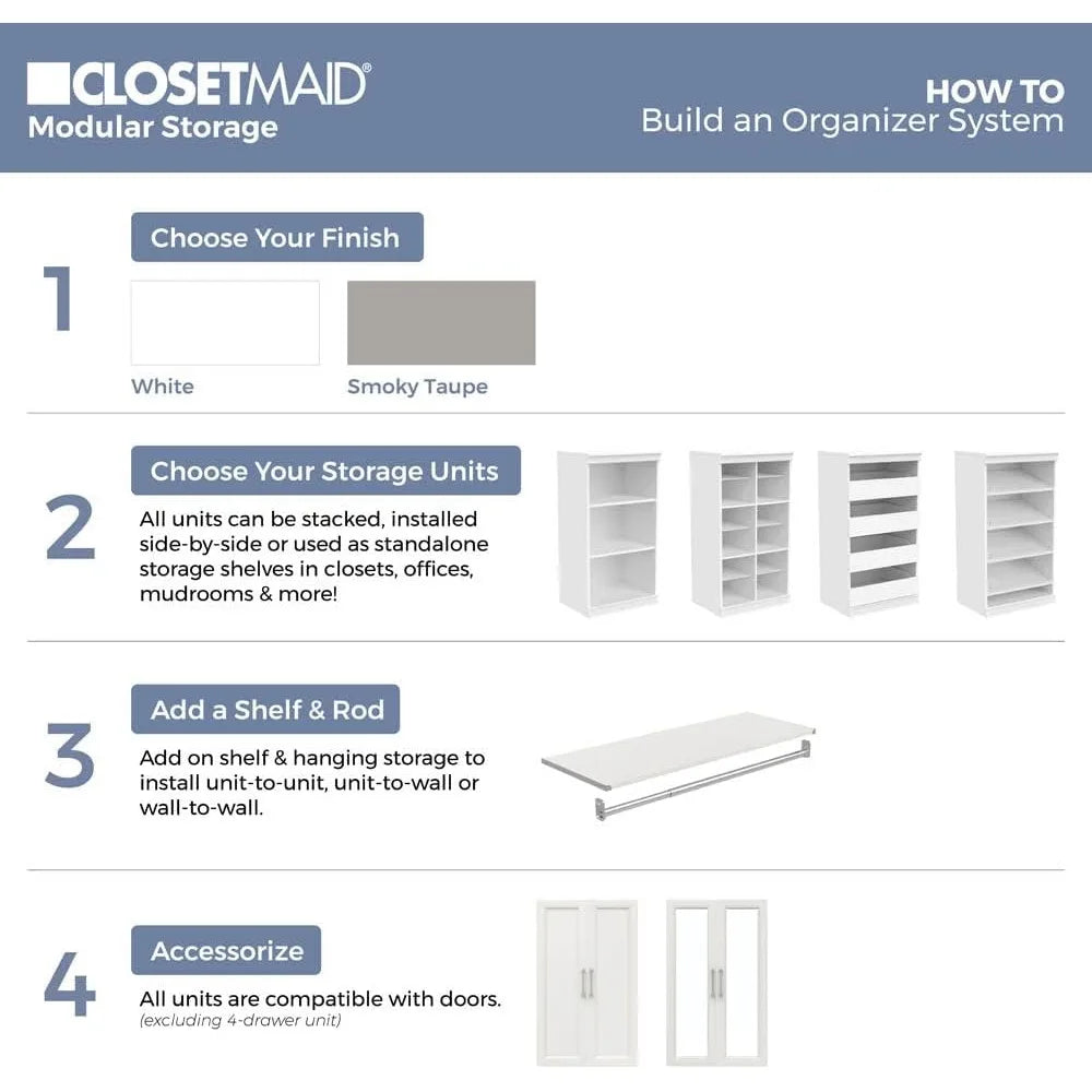 Modular Storage Unit with 4 Drawers, Wood Closet Organizer, Stacking, Full Backer, Storage, Decorative Trim, White