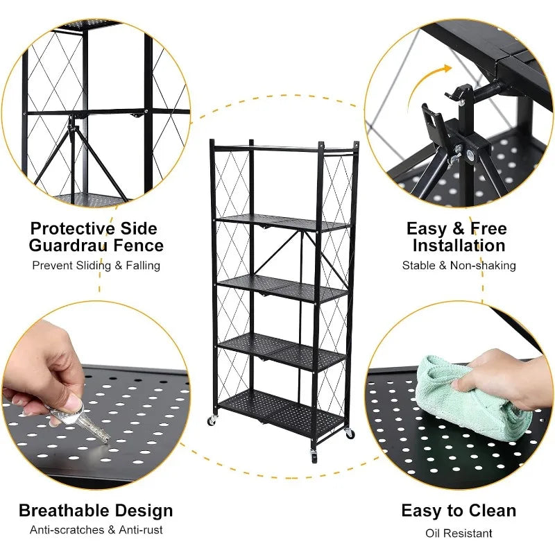 5-Tier Heavy Duty Foldable Metal Rack Storage Shelving Unit with Wheels Moving Easily Organizer