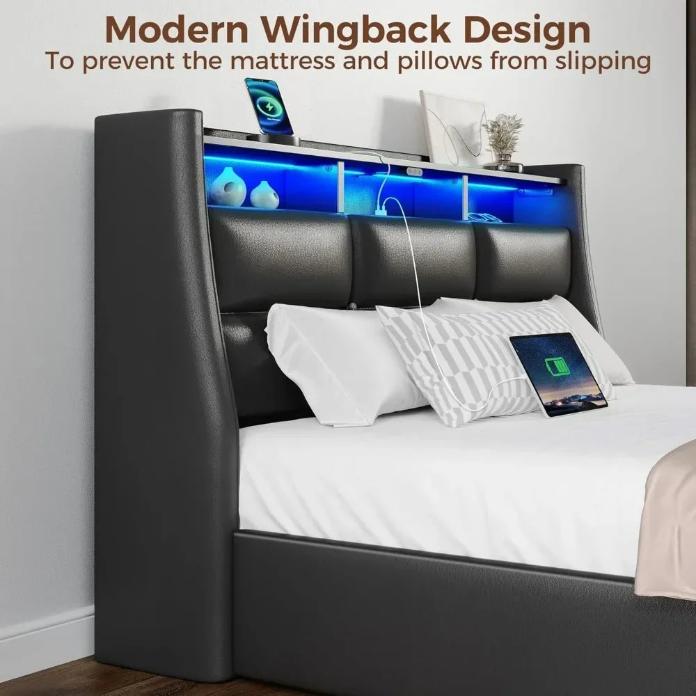 Rolanstar Twin/Full/Queen Frame LED Lights & Charging Station, PU Leather/Storage/Headboard/Drawers