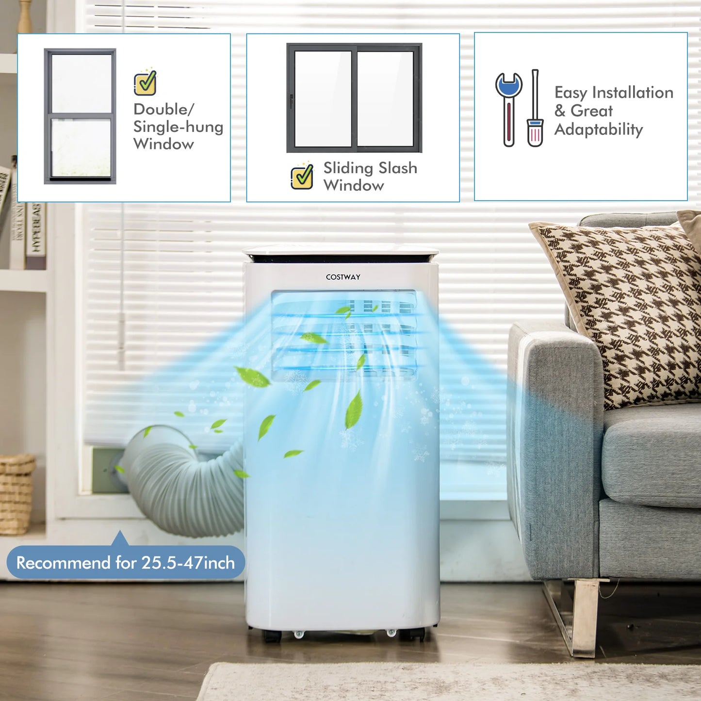 COSTWAY 9,000 BTU Portable Air Conditioner w/ Dehumidifier & Fan 3-in-1 Rolling AC Unit