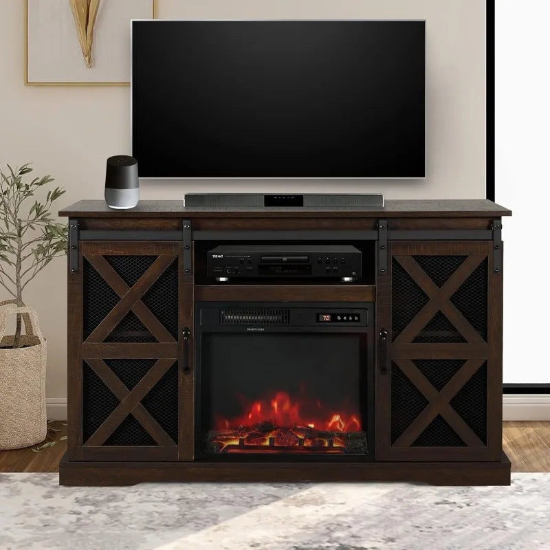 48 Inch TV Stand Console W/Sliding Barn Door for TVs up to 55", with Fireplace and Remote Control