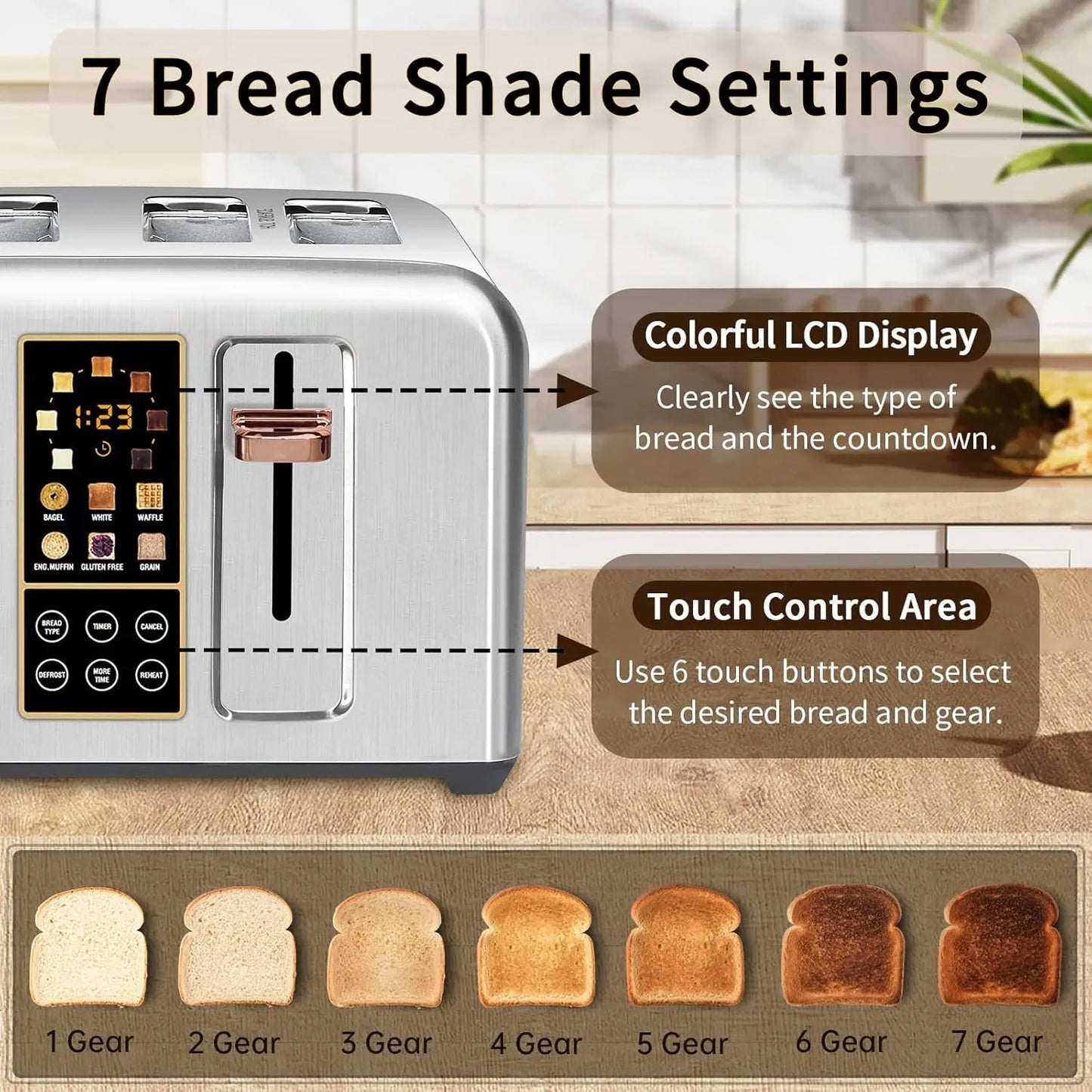 Stainless Toaster LCD Display & Touch Buttons, 6 Bread Selection, 7 Shade Settings, 1.5''Wide Slots