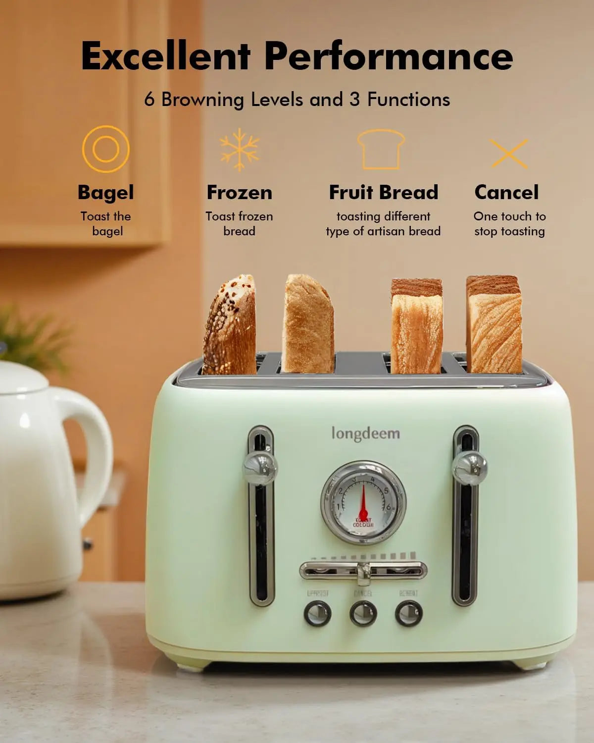 Retro 4-Slice Toaster 1.6" Wide Slots - 6 Settings Bagel Function, Stainless Steel, Defrost/Cancel