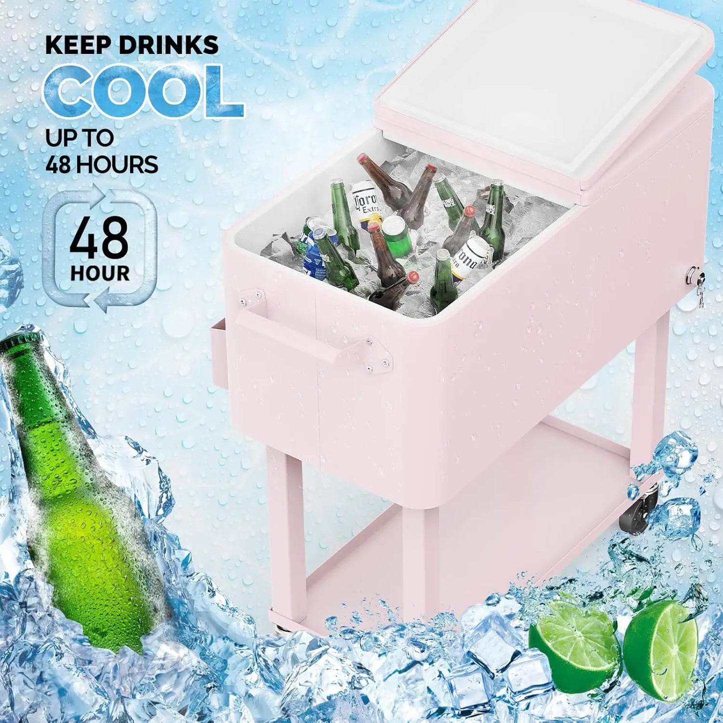 80 Quart Rolling Ice Chest, Portable  Drink Cooler Cart, with Shelf w/ Bottle Opener