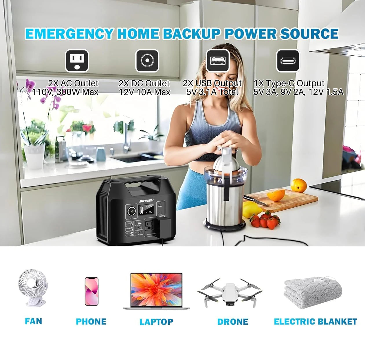Portable Power Station 300W Solar Generator 256Wh 80000mAh Power Bank 110V AC/DC/USB/USB C LiFePO4