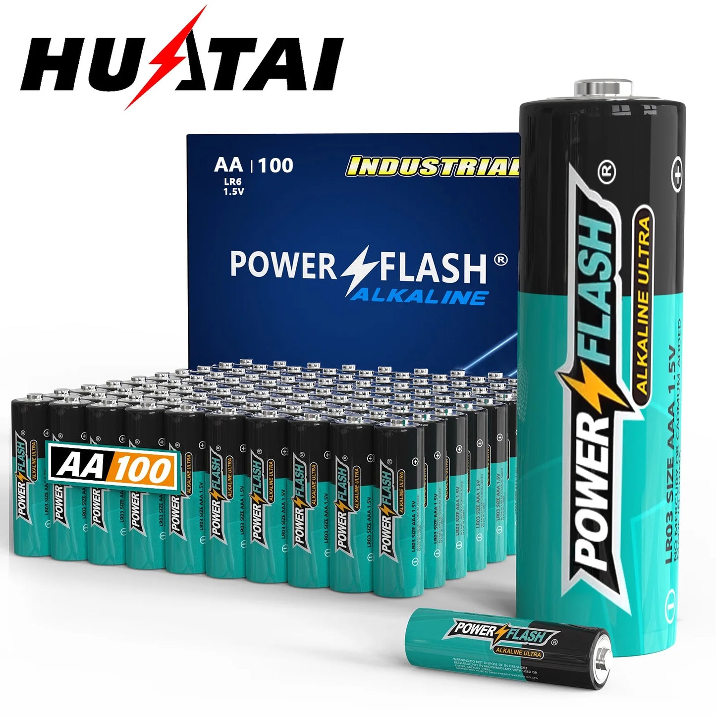 HUATAI PowerFlash AA 100 pcs Alkaline Long-Lasting Batteries, Double A, LR06 High-performance