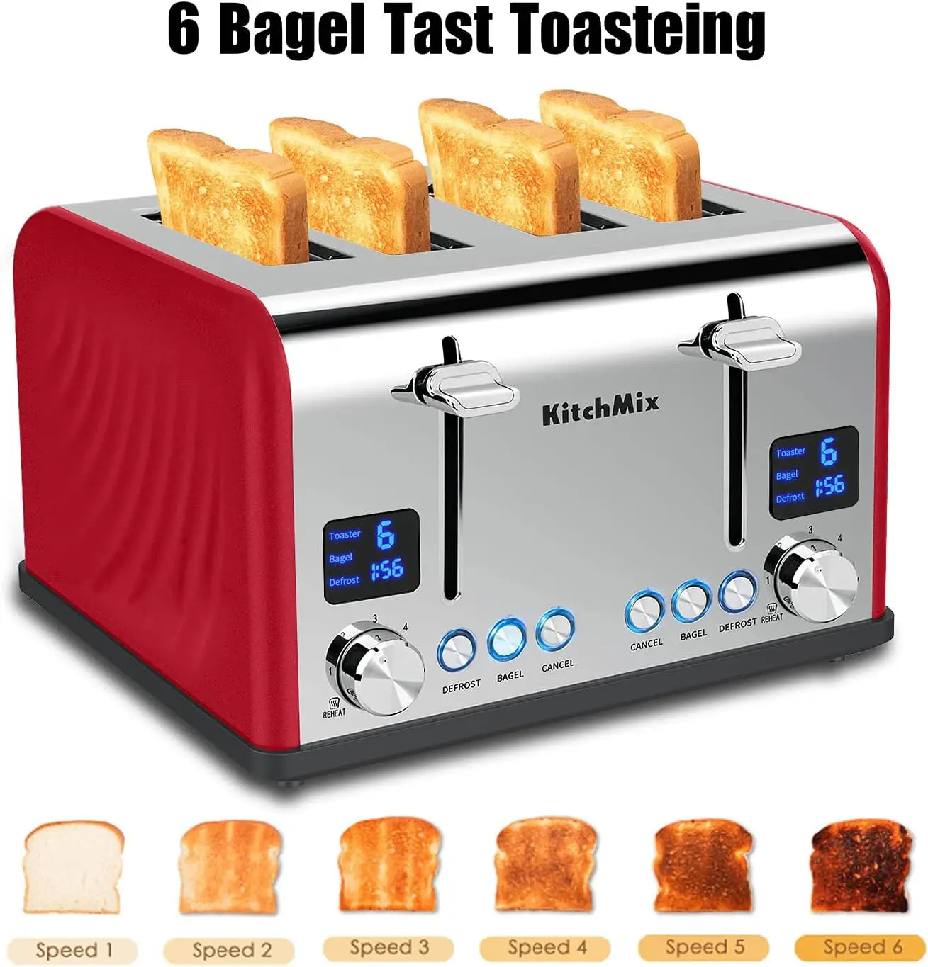 4 Slice, Kitch Mix Stainless Toaster w/ LCD Timer, Extra Wide Slots, Dual Screen, Removal Tray (Red)