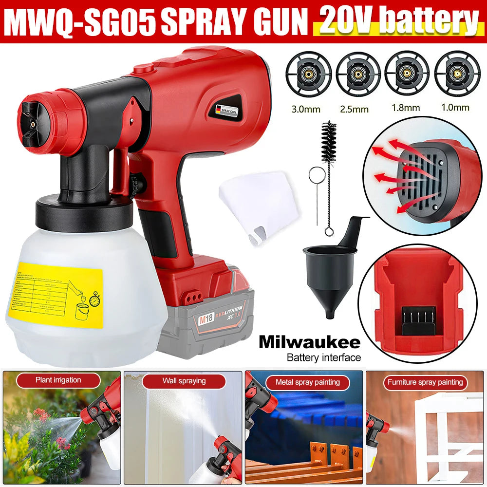 1000ML Cordless Electric Spray Gun Paint Sprayer Auto Airbrush Power Tool/Milwaukee 18V-20V Battery