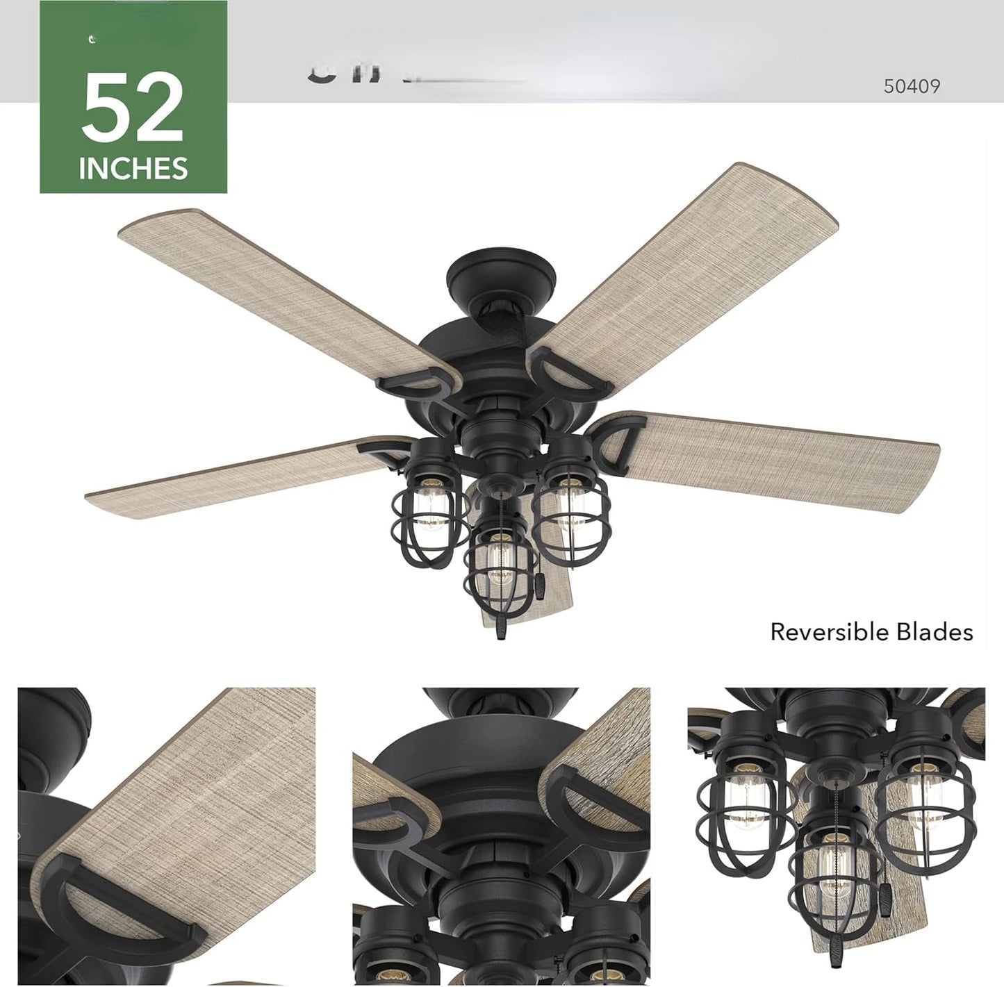 Inch Starklake Indoor or Outdoor Ceiling Fan w/ 3 LED Edison Bulbs, Pull Chain/Quiet 3 Speed Motor