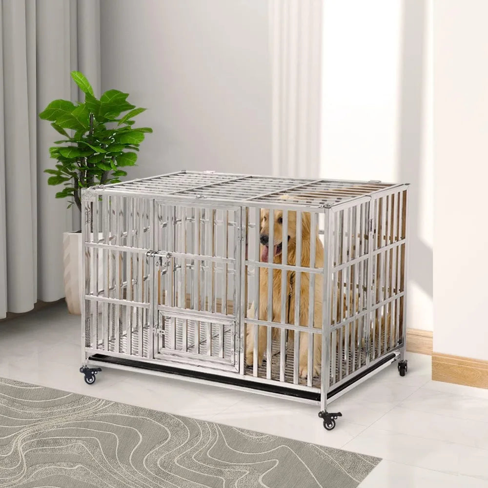 48" Stackable Heavy Duty Pet Stainless Steel Kennel Cage for Large Dogs with Tray in-Door Foldable