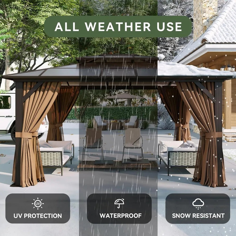 12'x10' Hardtop Gazebo, Aluminum Frame Permanent Pavilion with Curtains and Netting,Polycarbonate
