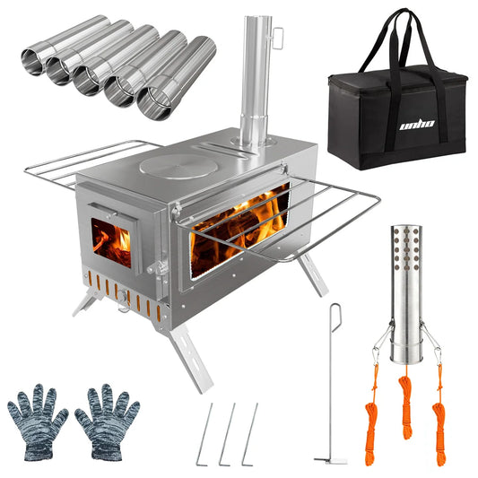 Hot Tent Stove, unho Wood Burning Stove, Portable Wood Stove with 6 Stainless Chimney Pipes