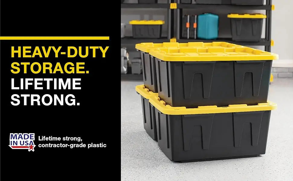 Black&Yellow 17-Gal Heavy Duty Tough Storage Container&Snap-Tight Lid,(12.5”Hx18”Wx26.9”D), [4 Pack]