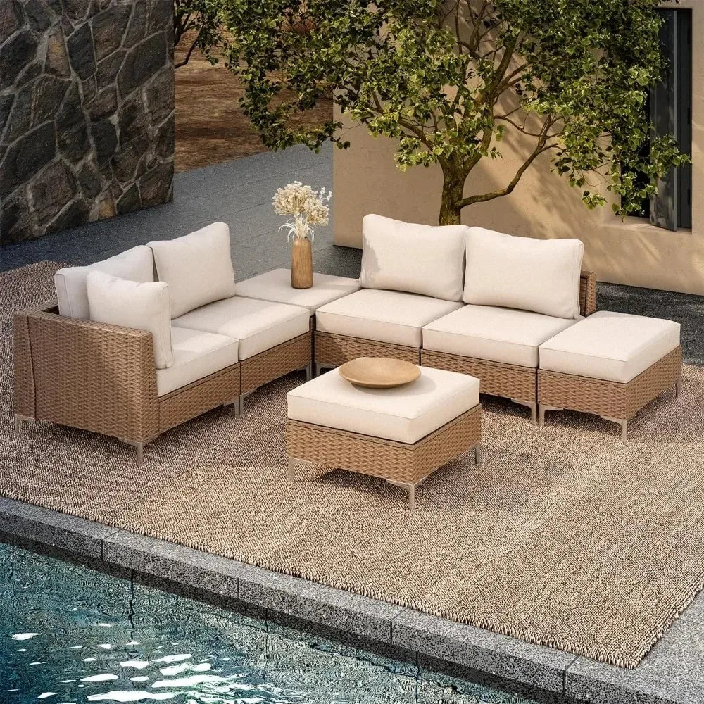 7 Pieces Patio Furniture/Hidden Storage Compartment, Patio Conversation Set with Cushions(Beige)