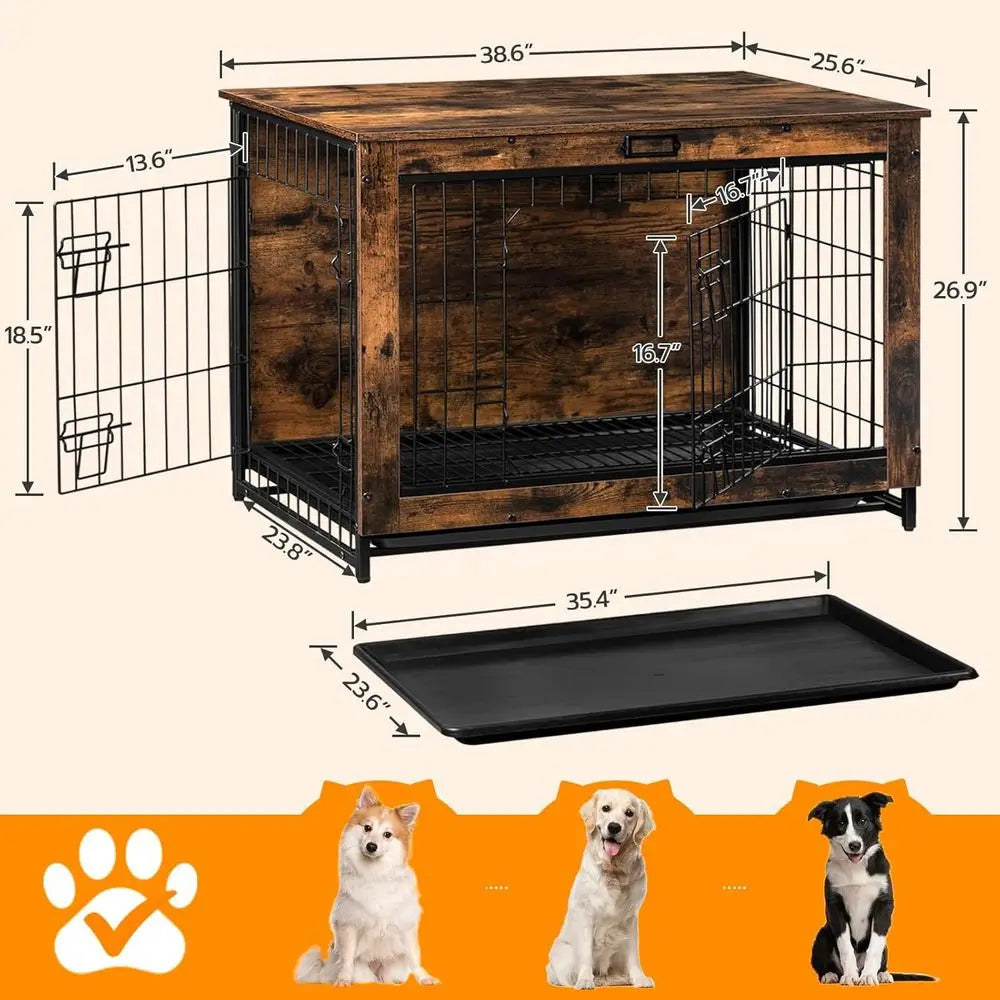 Large Wooden Dog Crate, 38.6 Indoor Kennel with Pull-Out Tray/Large, Medium, and Small Dogs