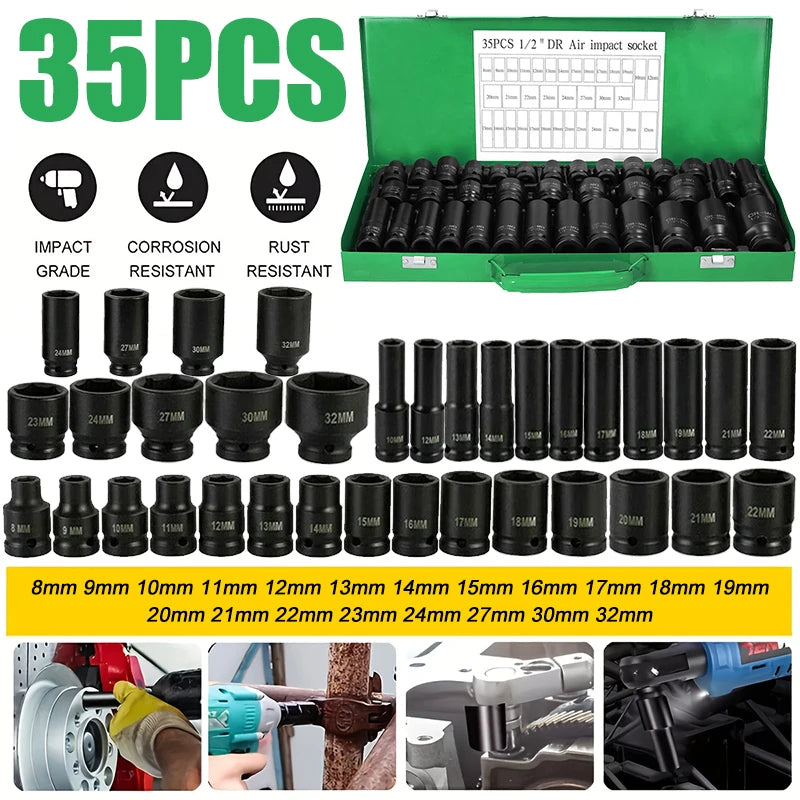 35pcs Professional Heavy-Duty 1/2" Pneumatic Tool Kit w/Air Gun, Hex Extensions, Rotary Tools