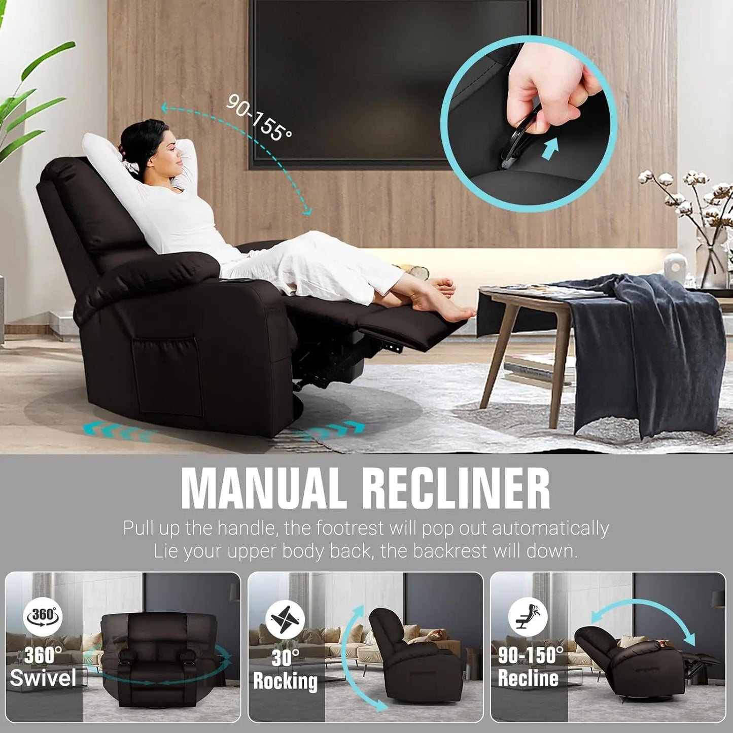 Rocking Recliner Chair, Massage Chair with Vibration Massage and Heat, 360° Swivel Recliner Chair