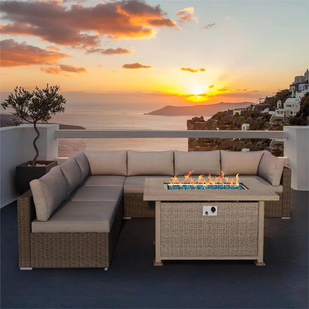 7 Pieces Outdoor Sectional Sofa PE Rattan Wicker Patio Conversation Set, w/Wood Plastic Composites