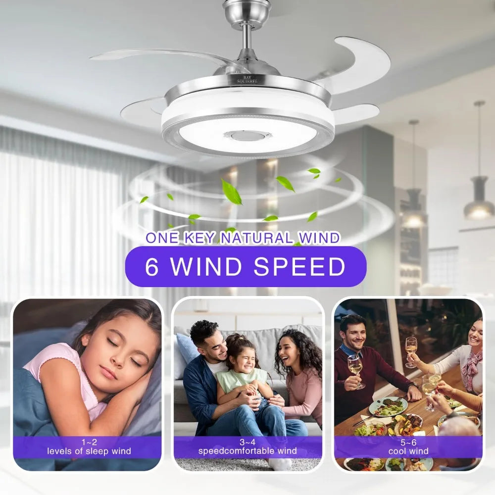 2024 Retractable Bluetooth Ceiling Fan w/Speaker, Retractable Fan w/ Light & Remote/APP Control