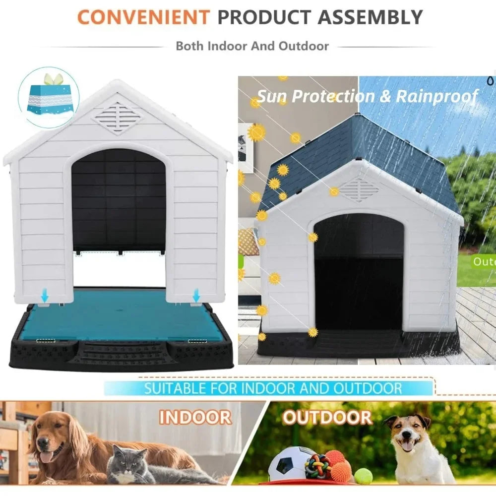 Big Dog House, Durable Waterproof Plastic Dog Kennel, Elevated Floor & Base Support Pet Winter House