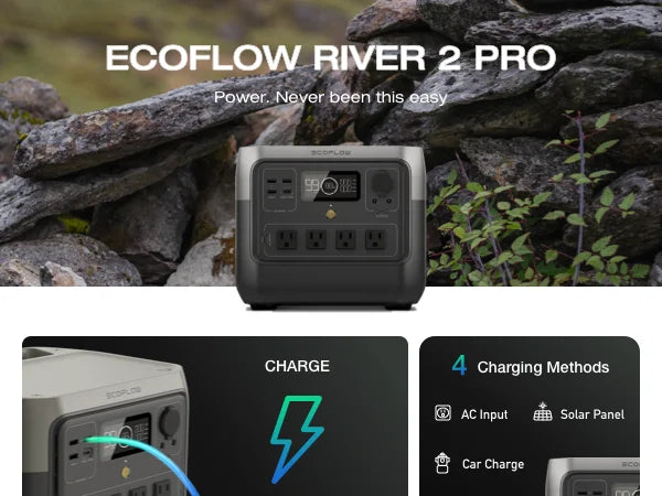 ECOFLOW Portable Power Station RIVER 2 Pro 700, 716Wh LiFePO4 Battery, 4x800W AC Outlets, Solar